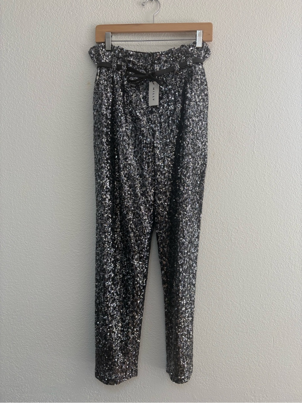 Milly Black & Silver Sequin Paperbag Waist Ankle Pants